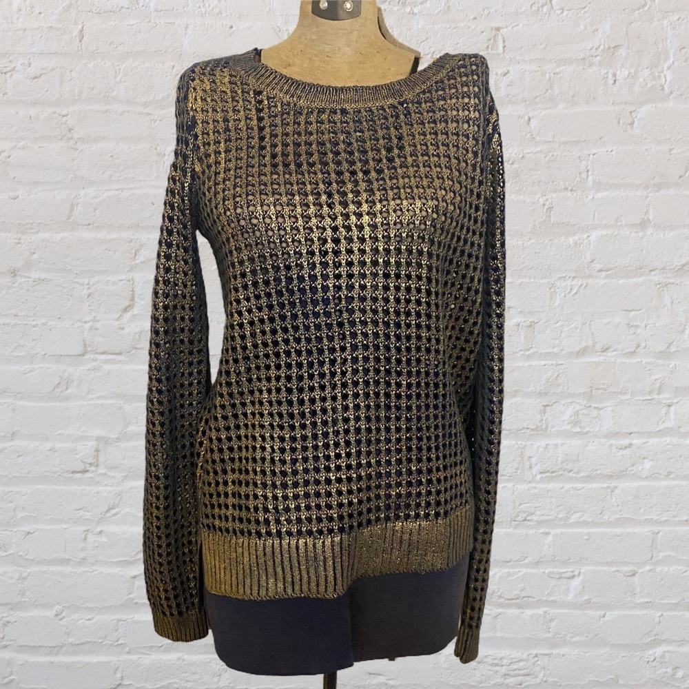 5/48 by Saks 5th Ave Metallic Gold Imprinted Blue Open Weave Scoop Neck Sweater